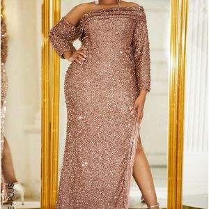 Plus Off Shoulder Fringe Trim Split Thigh Sequin Formal Dress